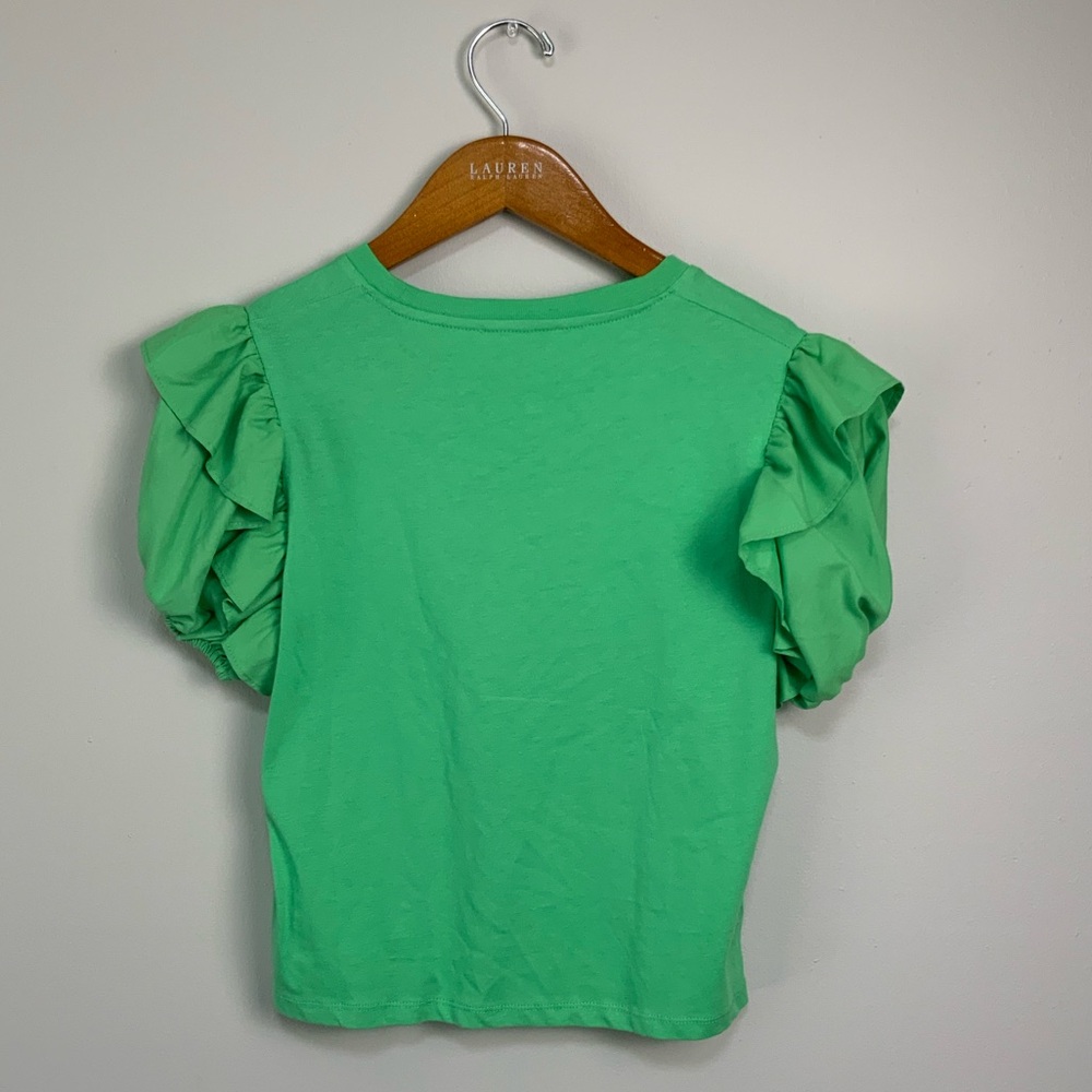 Zara Emerald Green Ruffle Puff Sleeves Top Sz M Stretch Blouse - Picture 5 of 10